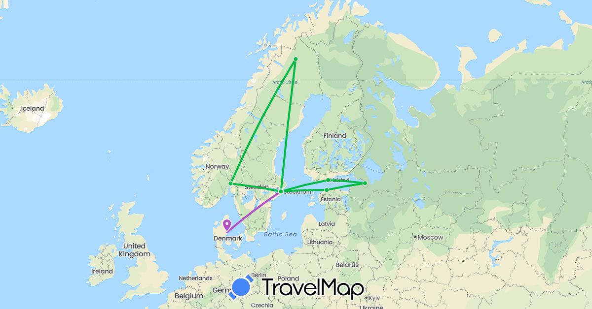 TravelMap itinerary: driving, bus, train in Denmark, Estonia, Finland, Norway, Russia, Sweden (Europe)